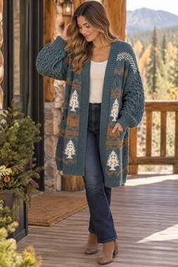 Maurices 0X (14w) Fair Isle Long Cardigan Teal Rust Cable Knit Sweater